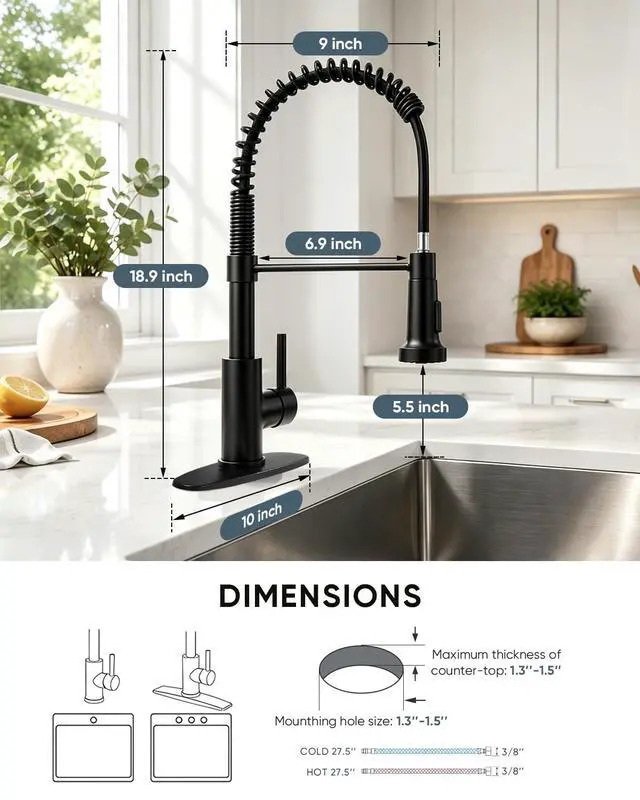 Alt view image 4 of 6 - Kitchen Faucet with Pull Down Sprayer Matte Black | 1 Handle Spring Sink Faucets, Lead-Free NSF Certified Stainless Steel,1 or 3-Hole Deck Plate,Farmhouse, RV, Bar, Laundry Room