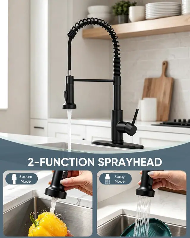 Alt view image 3 of 6 - Kitchen Faucet with Pull Down Sprayer Matte Black | 1 Handle Spring Sink Faucets, Lead-Free NSF Certified Stainless Steel,1 or 3-Hole Deck Plate,Farmhouse, RV, Bar, Laundry Room