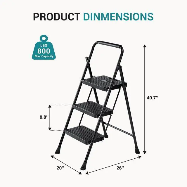 Alt view image 5 of 7 - 3 Step Ladder, 800lbs Foldable Step Stool with Anti-Slip Pedal