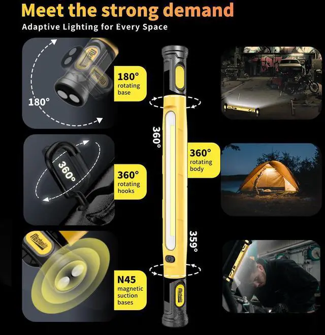Alt view image 4 of 7 - Magnetic Cordless Under Hood Work Light Bar for Mechanic-Yellow | Rechargeable 5200mAh Battery, 3000 Lumens, N45 Magnets, 360° Hooks, IP54 Waterproof & IK08 Impact Resistant for Car Repairing