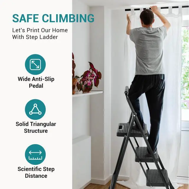Alt view image 7 of 7 - 3 Step Ladder, 800lbs Foldable Step Stool with Anti-Slip Pedal