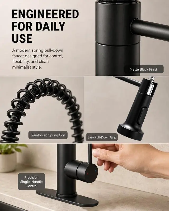 Alt view image 5 of 6 - Kitchen Faucet with Pull Down Sprayer Matte Black | 1 Handle Spring Sink Faucets, Lead-Free NSF Certified Stainless Steel,1 or 3-Hole Deck Plate,Farmhouse, RV, Bar, Laundry Room