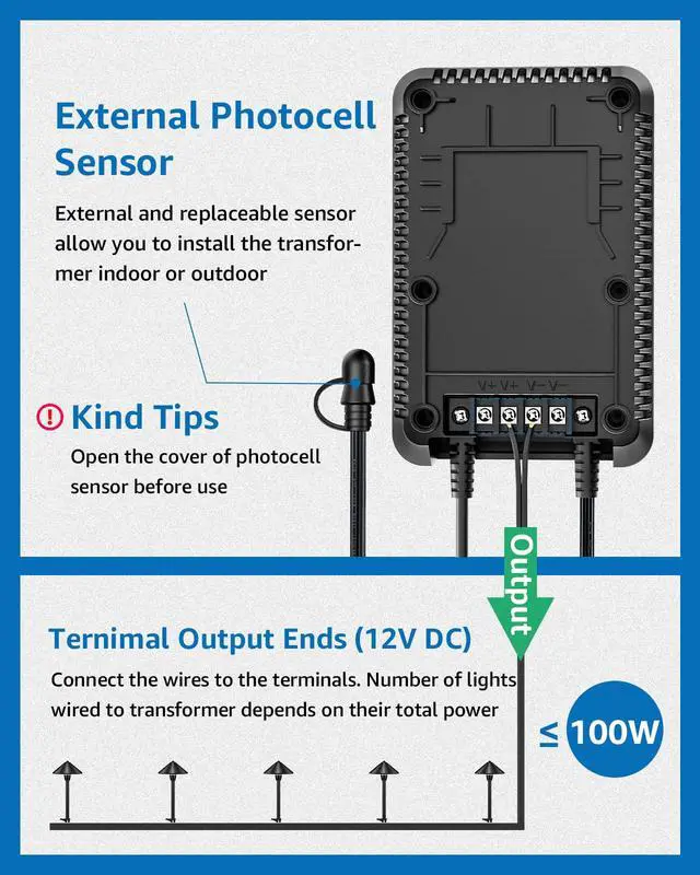 Alt view image 4 of 6 - 100W Low Voltage Transformer Outdoor, 120V to 12V DC Weatherproof | Timer & Photocell Sensor, Low Voltage Landscape Transformer Landscape Lighting Transformer for Outdoor Spotlights Path Lights