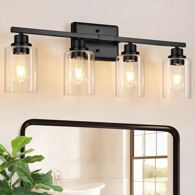 Main image of Modern Bathroom Light Fixtures, 4 Light Vanity Lights Over Mirror, Black Wall Lamp with Clear Glass for Living Room Cabinet Bedroom Porch