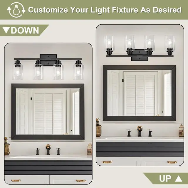 Alt view image 2 of 7 - Modern Bathroom Light Fixtures, 4 Light Vanity Lights Over Mirror, Black Wall Lamp with Clear Glass for Living Room Cabinet Bedroom Porch