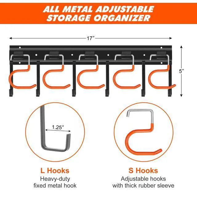 Alt view image 3 of 6 - 68'' All Metal Garden Tool Organizer Adjustable Garage Tool Organizer Wall Mount Garage Organizers and Storage with Heavy Duty Hooks Tool Hangers for Garage Wall, Shed, Garden