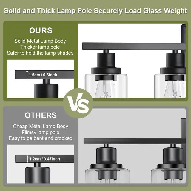 Alt view image 4 of 7 - Modern Bathroom Light Fixtures, 4 Light Vanity Lights Over Mirror, Black Wall Lamp with Clear Glass for Living Room Cabinet Bedroom Porch