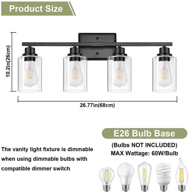 Alt view image 5 of 7 - Modern Bathroom Light Fixtures, 4 Light Vanity Lights Over Mirror, Black Wall Lamp with Clear Glass for Living Room Cabinet Bedroom Porch