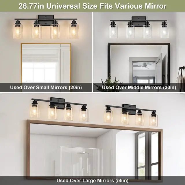 Alt view image 6 of 7 - Modern Bathroom Light Fixtures, 4 Light Vanity Lights Over Mirror, Black Wall Lamp with Clear Glass for Living Room Cabinet Bedroom Porch