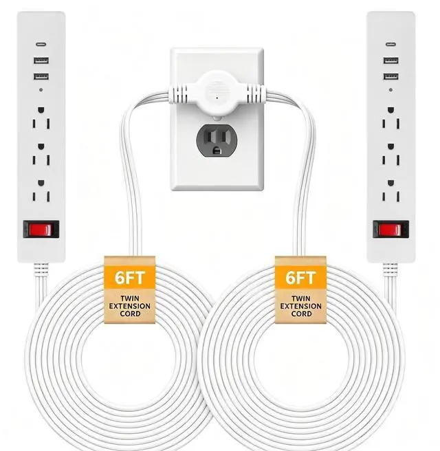 Main image of 12 FT Twin Extension Cord, Split Extension Cord with Flat Plug | One-button switch, 6 outlets and 6 USB ports - double power strip for use behind beds, couches, nightstands and vanities