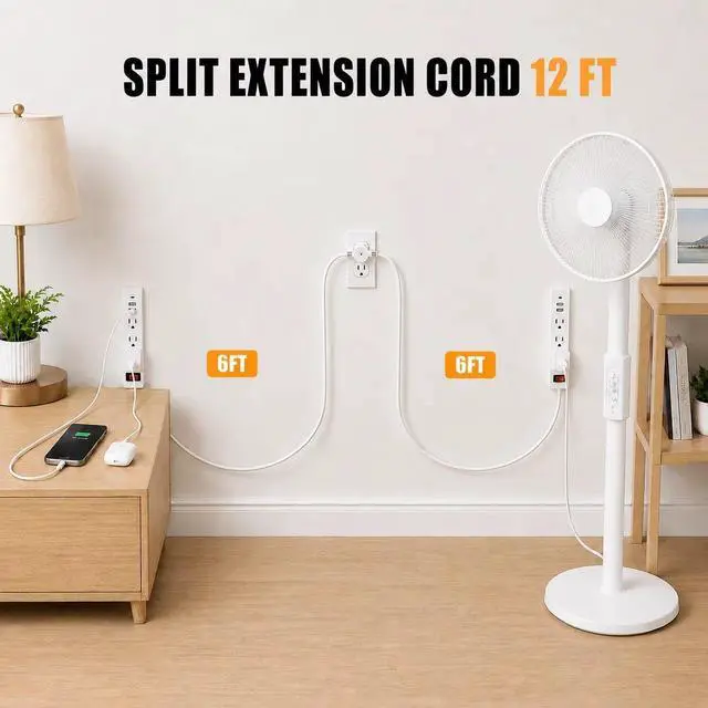 Alt view image 2 of 7 - 12 FT Twin Extension Cord, Split Extension Cord with Flat Plug | One-button switch, 6 outlets and 6 USB ports - double power strip for use behind beds, couches, nightstands and vanities