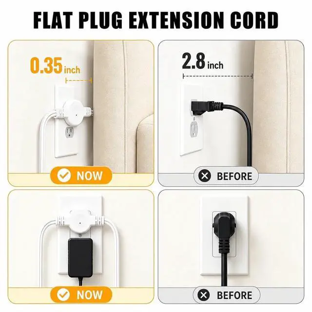 Alt view image 3 of 7 - 12 FT Twin Extension Cord, Split Extension Cord with Flat Plug | One-button switch, 6 outlets and 6 USB ports - double power strip for use behind beds, couches, nightstands and vanities