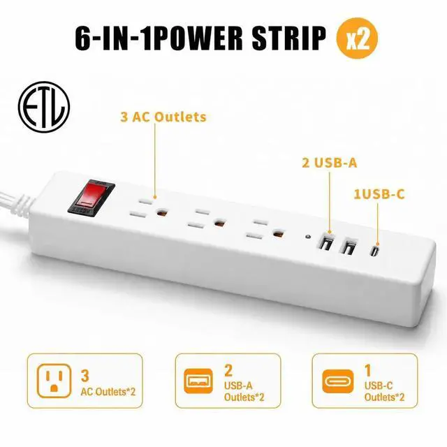 Alt view image 4 of 7 - 12 FT Twin Extension Cord, Split Extension Cord with Flat Plug | One-button switch, 6 outlets and 6 USB ports - double power strip for use behind beds, couches, nightstands and vanities
