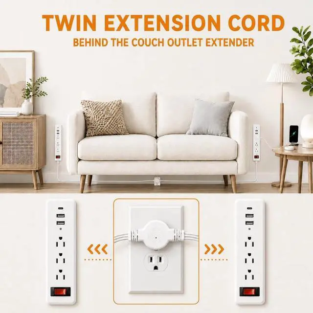 Alt view image 5 of 7 - 12 FT Twin Extension Cord, Split Extension Cord with Flat Plug | One-button switch, 6 outlets and 6 USB ports - double power strip for use behind beds, couches, nightstands and vanities