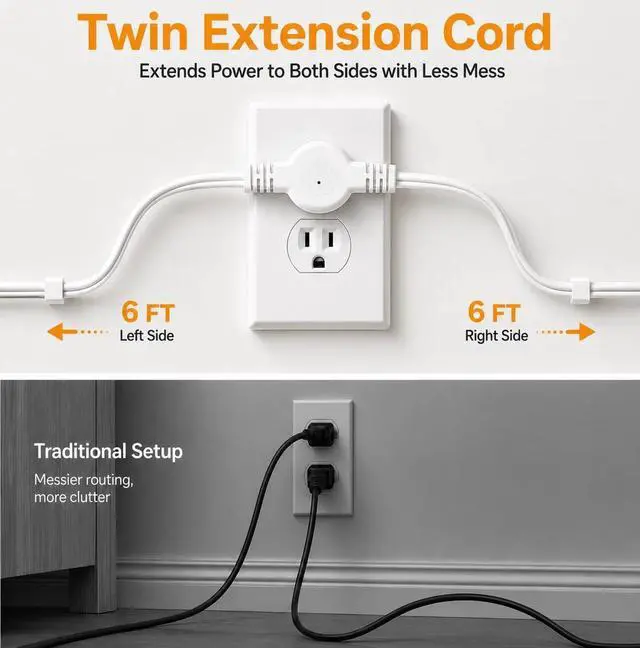 Alt view image 7 of 7 - 12 FT Twin Extension Cord, Split Extension Cord with Flat Plug | One-button switch, 6 outlets and 6 USB ports - double power strip for use behind beds, couches, nightstands and vanities