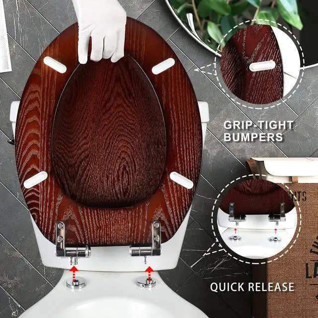 Alt view image 4 of 6 - Elongated Wood Toilet Seat with Quiet Close,Easy Clean,Quick-Release Hinges(Elongated,Dark Walnut)