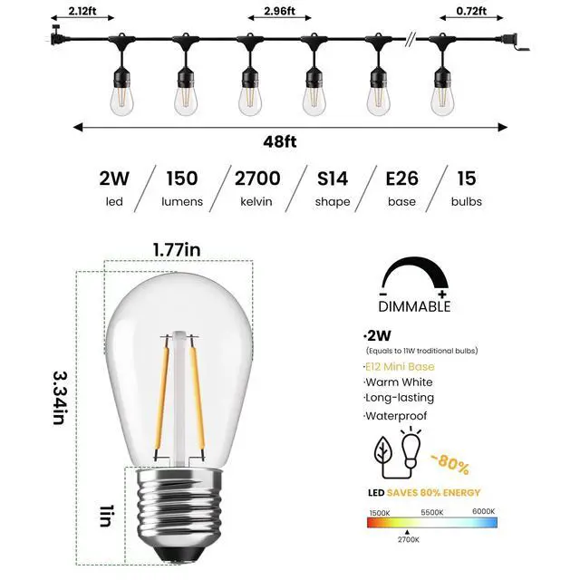 Alt view image 2 of 7 - 48 FT Outdoor String Lights 2W Commercial Grade Waterproof S14 ETL | Outside Patio Light with Shatterproof Antique Edison E26 LED Bulbs, Connectable Hanging Strand for Bistro Cafe Market 2700K