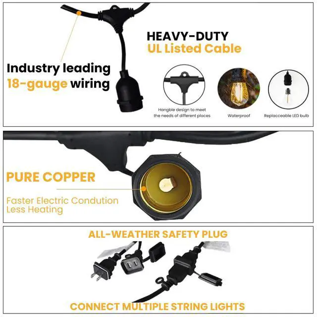 Alt view image 4 of 7 - 48 FT Outdoor String Lights 2W Commercial Grade Waterproof S14 ETL | Outside Patio Light with Shatterproof Antique Edison E26 LED Bulbs, Connectable Hanging Strand for Bistro Cafe Market 2700K