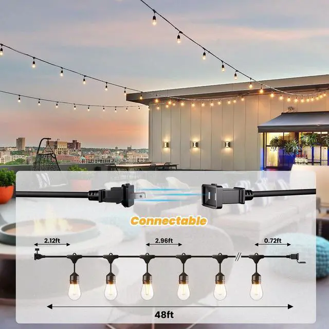 Alt view image 5 of 7 - 48 FT Outdoor String Lights 2W Commercial Grade Waterproof S14 ETL | Outside Patio Light with Shatterproof Antique Edison E26 LED Bulbs, Connectable Hanging Strand for Bistro Cafe Market 2700K