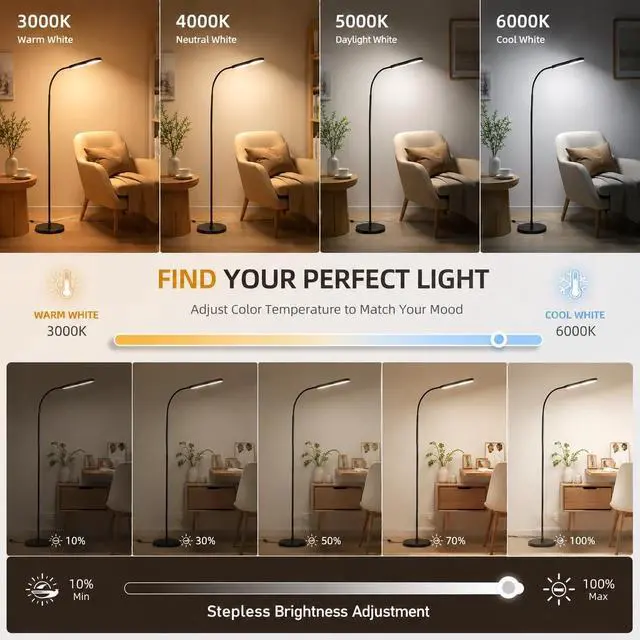 Alt view image 2 of 7 - Floor lamp, 15w/1000lm Bright LED Floor Lamp with Stepless Adjustable 3000K-6000K Colors and Dimmer, Remote and Touch Control, Adjustable Floor Lamp for Living Room