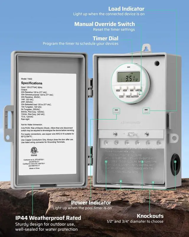 Alt view image 6 of 6 - Pool Pump Timer, Digital Timer Box, 2HP 40A 120-277 VAC, 7-Day 20 ON/Off Programmable Timer Switch for Water Heater, Pool Pump, SPA, Motor, ETL Listed Gray