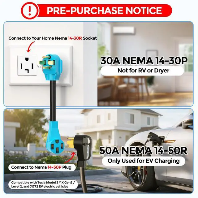 Alt view image 2 of 7 - 4 Prong NEMA 14-30P to 14-50R EV Charger Adapter Cord | Compatible with Tesla Model 3/S/X/Y, 30 Amp Dryer to 50 Amp EV for Leave 2 Charging, ETL Listed (Not for Dryer or RV)