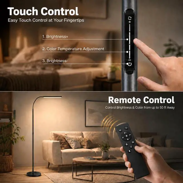 Alt view image 3 of 7 - Floor lamp, 15w/1000lm Bright LED Floor Lamp with Stepless Adjustable 3000K-6000K Colors and Dimmer, Remote and Touch Control, Adjustable Floor Lamp for Living Room