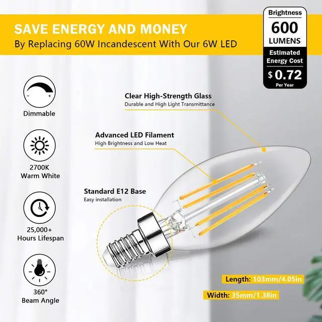 Alt view image 2 of 7 - 12-Pack Dimmable E12 LED Candelabra Bulbs 60W Equivalent, 2700K | 6W, B11 Candle Base, 600 Lumens, LED Filament, High CRI, Vintage Light Bulb for Chandelier Ceiling Fan
