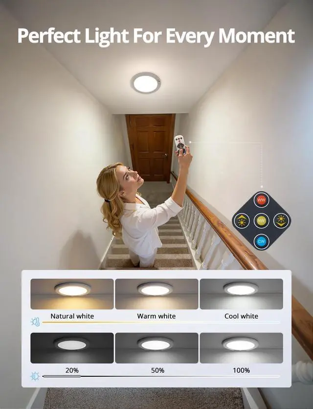 Alt view image 7 of 7 - Battery Operated Shower Light Waterproof Inside, Rechargeable Motion Sensor Ceiling Lights Battery Powered with Remote, No Wiring Magnetic Cordless LED Overhead Lighting for Closet Hallway