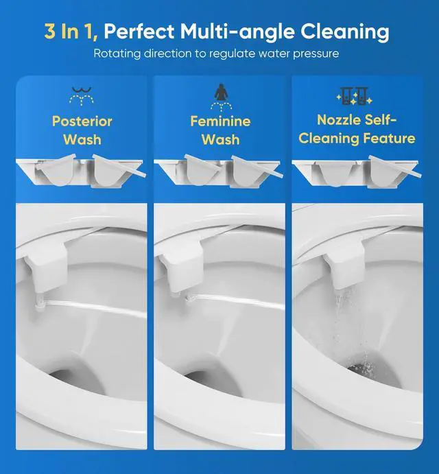 Alt view image 2 of 7 - Ultra-Slim 3-in1 Bidet, Self-Cleaning, Posterior&Feminine Wash-(Retractable Dual Nozzles), Non-Electric Bidet Attachment for Toilet Seat, Adjustable Fresh Cold Water Pressure, Stainless Steel Inlet