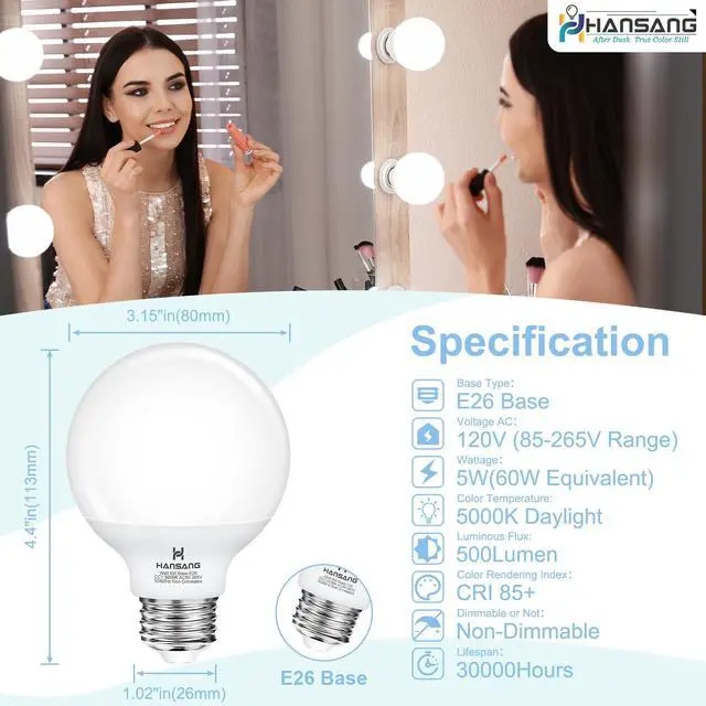 Alt view image 2 of 7 - G25 LED Globe Light Bulbs, 60W Equivalent, 5000K Daylight Bathroom, E26 Base, Eye-Friendly Vanity Round, Perfect for Vanity Makeup Mirror, 120V CRI85+ Non-Dimmable 4Pack
