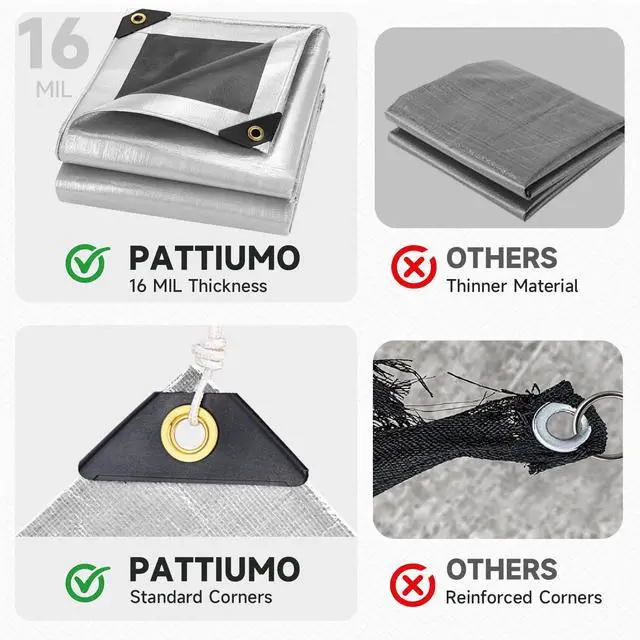 Alt view image 6 of 7 - Tarp Waterproof 10 X 20 FT 16 Mil Heavy Duty Tarp Multipurpose Tarps Heavy Duty Waterproof Protective Cover UV All Weather Resistant for Shelter Camping, Silver/Black
