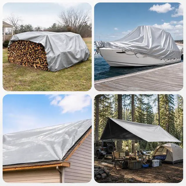 Alt view image 7 of 7 - Tarp Waterproof 10 X 20 FT 16 Mil Heavy Duty Tarp Multipurpose Tarps Heavy Duty Waterproof Protective Cover UV All Weather Resistant for Shelter Camping, Silver/Black