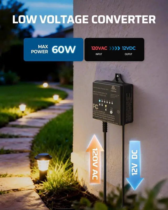 Alt view image 3 of 7 - 60W 120V Low Voltage Transformer Outdoor120V AC to 12V DC | Timer & Photocell Sensor, Weatherproof LED Landscape Lighting, Spotlight, Pathway Light, ETL Listed