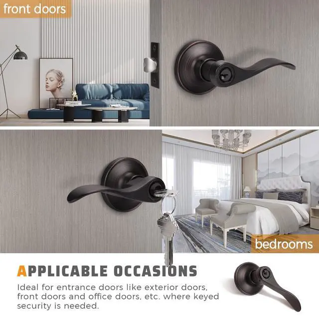 Alt view image 3 of 7 - 1 Pack Keyed Entry Front Door Handle Entrance Handlesets Exterior Lockset with Key, Left/Right Handed Doorknob Oil Rubbed Bronze