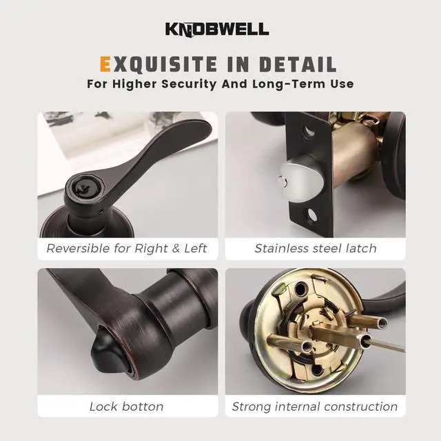 Alt view image 7 of 7 - 1 Pack Keyed Entry Front Door Handle Entrance Handlesets Exterior Lockset with Key, Left/Right Handed Doorknob Oil Rubbed Bronze