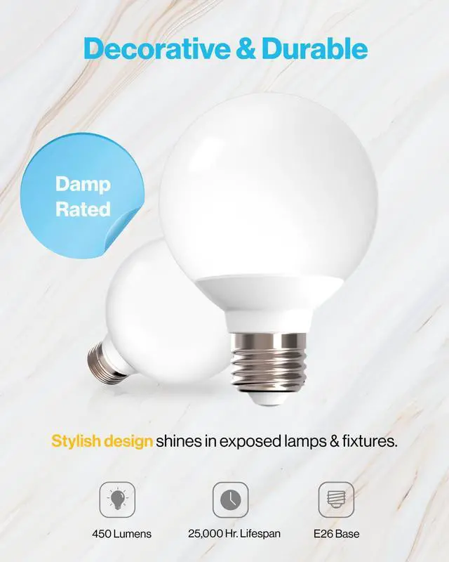 Alt view image 4 of 5 - Sunco 12 Pack G25 LED Light Bulb, Globe, Vanity Bathroom Mirror, 6W=40W | 3000K Warm White, Frosted Lens, 450LM, Dimmable, E26 Medium Base, Vanity Mirror Lighting, Damp Rated, Decorative Round Bulb