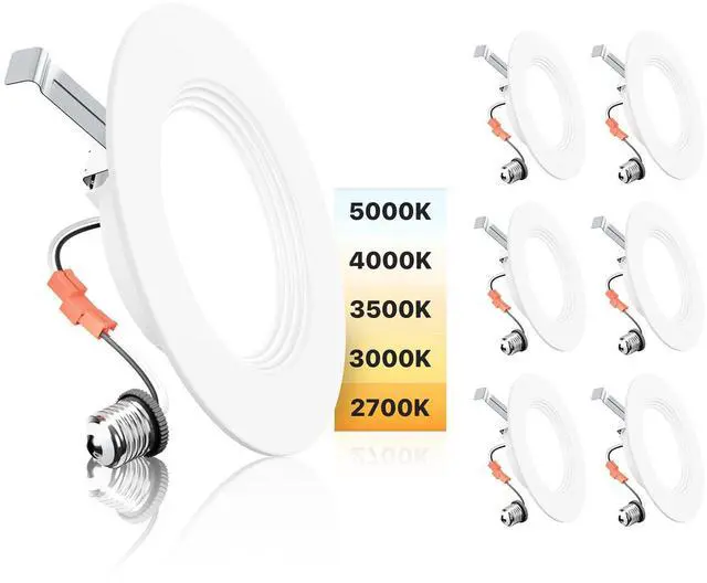 Main image of 5/6 Inch LED Recessed Can Lights, 5CCT, 9W, 1000LM, 6 Pack | Retrofit Baffle Trim, 5%-100% Dimmable, 2700K-5000K Selectable CCT, Damp&IC Rated, ETL&FCC Certified, Quick E26 Install