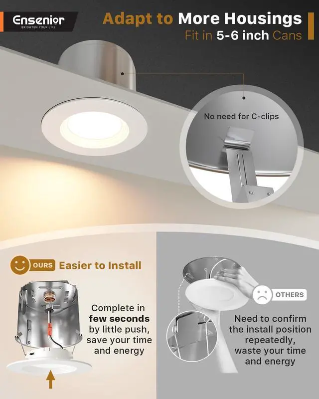 Alt view image 2 of 7 - 5/6 Inch LED Recessed Can Lights, 5CCT, 9W, 1000LM, 6 Pack | Retrofit Baffle Trim, 5%-100% Dimmable, 2700K-5000K Selectable CCT, Damp&IC Rated, ETL&FCC Certified, Quick E26 Install