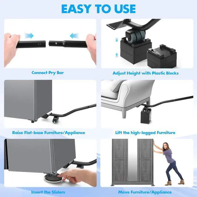 Alt view image 7 of 7 - Furniture Lifter Tool + 8-Pack of 3.5" Sliders, Save 80% Effort, Safely and Easily, The Lift and Glide Tool Set for Heavy Furniture and Appliances, Reusable Moving Pads, Floor Protectors for Carpet
