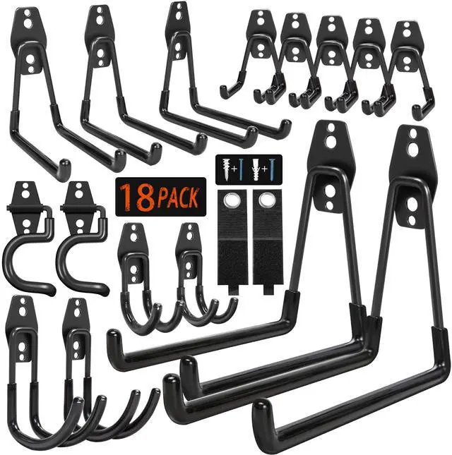 Main image of 18 Pack Garage Hooks Heavy Duty - Anti-Slip Coating | Garage Storage Hooks for Hanging BikeLadderGarden ToolsHose