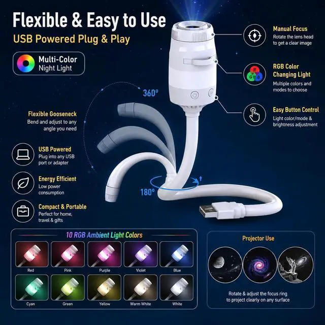 Alt view image 2 of 7 - Galaxy Star Night Light Projector, 2-in-1 USB Multicolor LED Night Light, with 13 Projector Films, Portable 360° Adustable Brightness Control for Kids Adults Bedroom Home Ceiling Car Decor Gift