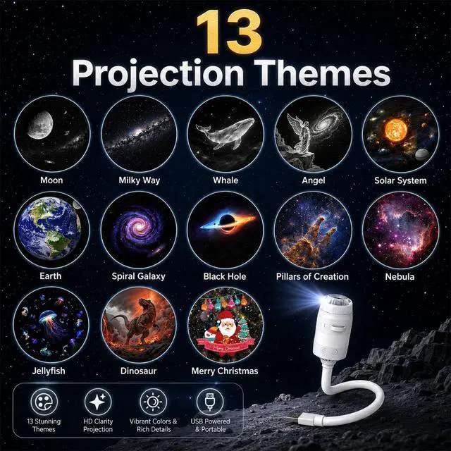 Alt view image 3 of 7 - Galaxy Star Night Light Projector, 2-in-1 USB Multicolor LED Night Light, with 13 Projector Films, Portable 360° Adustable Brightness Control for Kids Adults Bedroom Home Ceiling Car Decor Gift