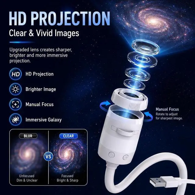 Alt view image 4 of 7 - Galaxy Star Night Light Projector, 2-in-1 USB Multicolor LED Night Light, with 13 Projector Films, Portable 360° Adustable Brightness Control for Kids Adults Bedroom Home Ceiling Car Decor Gift