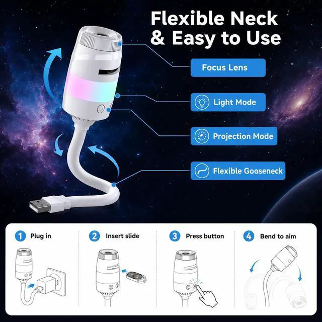 Alt view image 5 of 7 - Galaxy Star Night Light Projector, 2-in-1 USB Multicolor LED Night Light, with 13 Projector Films, Portable 360° Adustable Brightness Control for Kids Adults Bedroom Home Ceiling Car Decor Gift