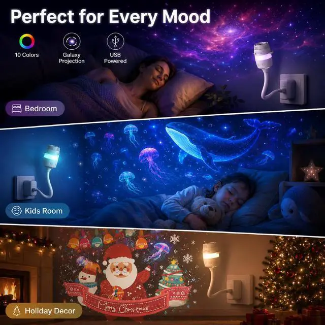 Alt view image 6 of 7 - Galaxy Star Night Light Projector, 2-in-1 USB Multicolor LED Night Light, with 13 Projector Films, Portable 360° Adustable Brightness Control for Kids Adults Bedroom Home Ceiling Car Decor Gift