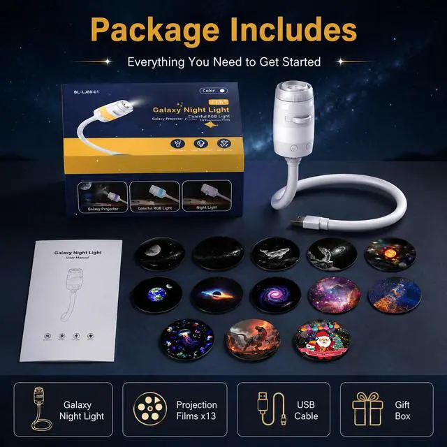 Alt view image 7 of 7 - Galaxy Star Night Light Projector, 2-in-1 USB Multicolor LED Night Light, with 13 Projector Films, Portable 360° Adustable Brightness Control for Kids Adults Bedroom Home Ceiling Car Decor Gift