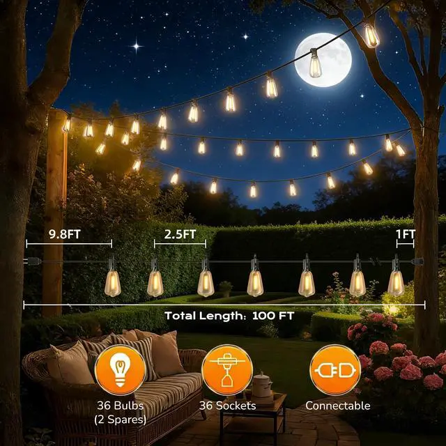 Alt view image 6 of 7 - Outdoor String Lights, 100FT ST38 Bulbs Shatterproof Patio Lights, Waterproof Dimmable Outside Hanging Light, Connectable LED Outdoor Lights for Backyard, Porch, Party, Garden, Home Decor