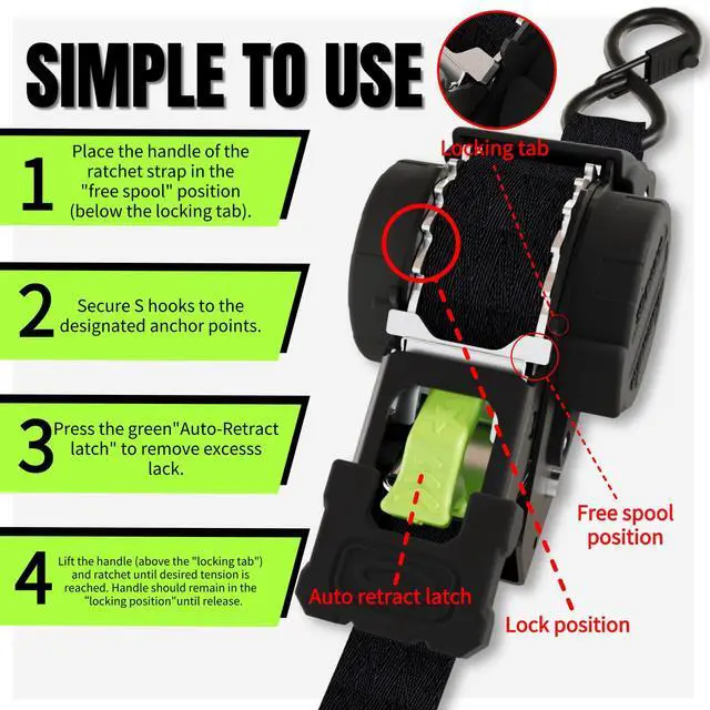 Alt view image 3 of 7 - Retractable Ratchet Straps 1''x 12ft Heavy Duty Tie Downs Bolt on Auto Retract Ratchet Strap 1760lb Break Strength Self Retracting for Truck,Cargo,Trailer,Motorcycle,ATV,UTV (Black-Green,2 Pack)