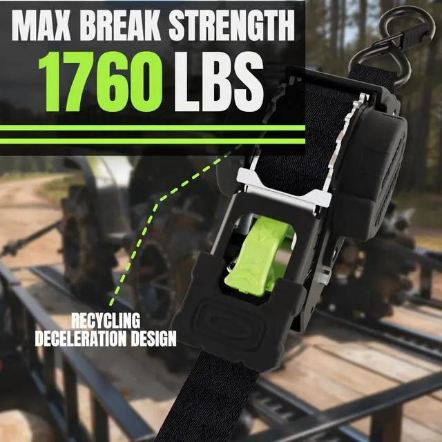 Alt view image 2 of 7 - Retractable Ratchet Straps 1''x 12ft Heavy Duty Tie Downs Bolt on Auto Retract Ratchet Strap 1760lb Break Strength Self Retracting for Truck,Cargo,Trailer,Motorcycle,ATV,UTV (Black-Green,2 Pack)
